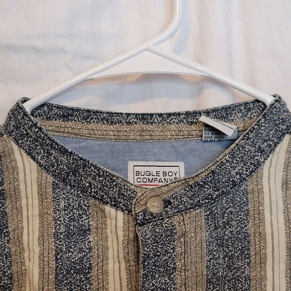 Vintage Bugle Boy Company Collarless Button Up Shirt Blue Tan Stripes XL - Picture 5 of 12